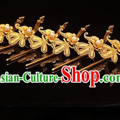 China Ming Dynasty Golden Phoenix Hairpin Traditional Hair Accessories Ancient Empress Pearl Hair Stick