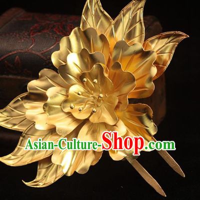 China Tang Dynasty Golden Peony Hairpin Traditional Hair Accessories Ancient Palace Woman Hair Stick