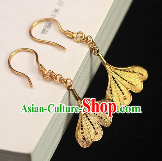 Chinese Ancient Princess Ear Accessories Traditional Ming Dynasty Golden Ginkgo Leaf Earrings Chinese Ancient Princess Ear Accessories Traditional Ming Dynasty Golden Ginkgo Leaf Earrings