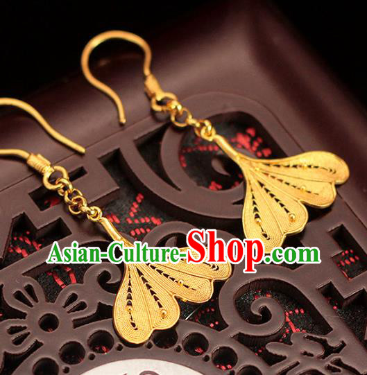 Chinese Ancient Princess Ear Accessories Traditional Ming Dynasty Golden Ginkgo Leaf Earrings Chinese Ancient Princess Ear Accessories Traditional Ming Dynasty Golden Ginkgo Leaf Earrings