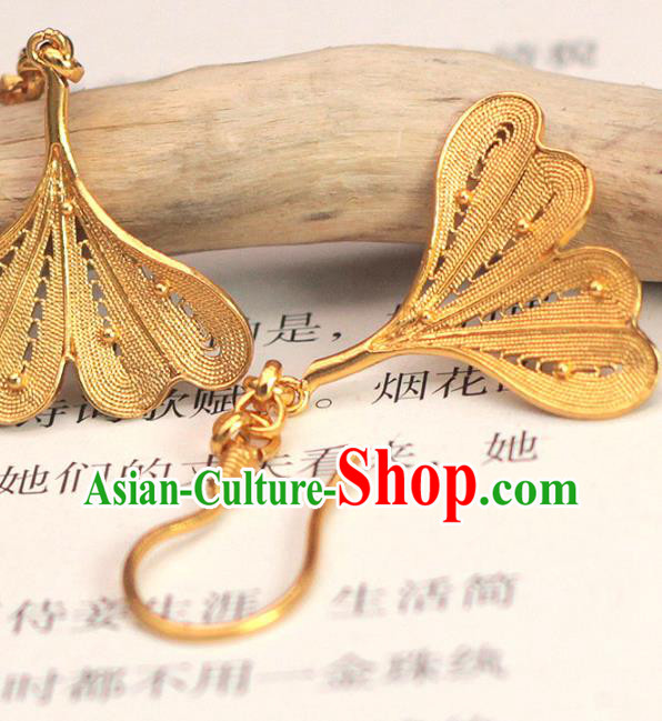 Chinese Ancient Princess Ear Accessories Traditional Ming Dynasty Golden Ginkgo Leaf Earrings Chinese Ancient Princess Ear Accessories Traditional Ming Dynasty Golden Ginkgo Leaf Earrings