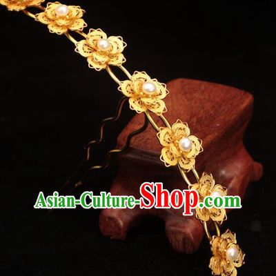China Ancient Empress Golden Plum Hair Crown Traditional Hair Accessories Ming Dynasty Pearls Hairpin