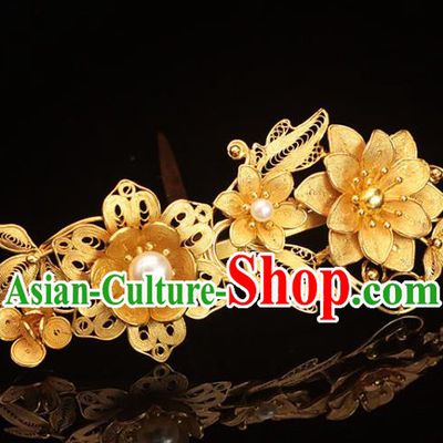 China Ancient Queen Hairpin Traditional Hair Accessories Ming Dynasty Empress Golden Lotus Hair Crown
