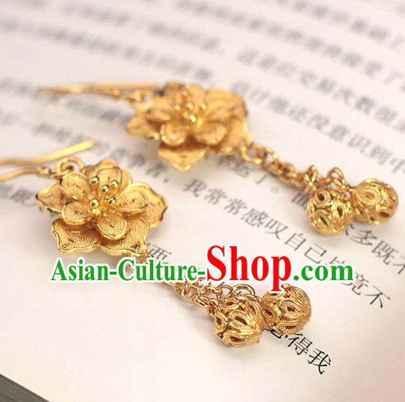 Chinese Ancient Wedding Golden Ear Accessories Traditional Ming Dynasty Court Woman Earrings Chinese Ancient Wedding Golden Ear Accessories Traditional Ming Dynasty Court Woman Earrings