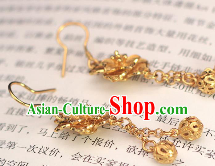 Chinese Ancient Wedding Golden Ear Accessories Traditional Ming Dynasty Court Woman Earrings Chinese Ancient Wedding Golden Ear Accessories Traditional Ming Dynasty Court Woman Earrings