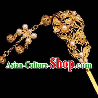 Traditional China Ming Dynasty Empress Golden Hair Stick Ancient Court Woman Pearls Tassel Hairpin
