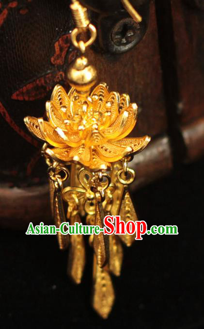 Chinese Ancient Princess Golden Lotus Ear Accessories Traditional Ming Dynasty Court Earrings Chinese Ancient Princess Golden Lotus Ear Accessories Traditional Ming Dynasty Court Earrings