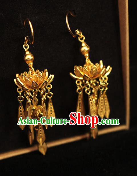 Chinese Ancient Princess Golden Lotus Ear Accessories Traditional Ming Dynasty Court Earrings Chinese Ancient Princess Golden Lotus Ear Accessories Traditional Ming Dynasty Court Earrings