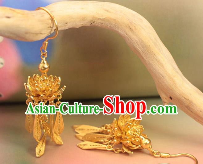 Chinese Ancient Princess Golden Lotus Ear Accessories Traditional Ming Dynasty Court Earrings Chinese Ancient Princess Golden Lotus Ear Accessories Traditional Ming Dynasty Court Earrings