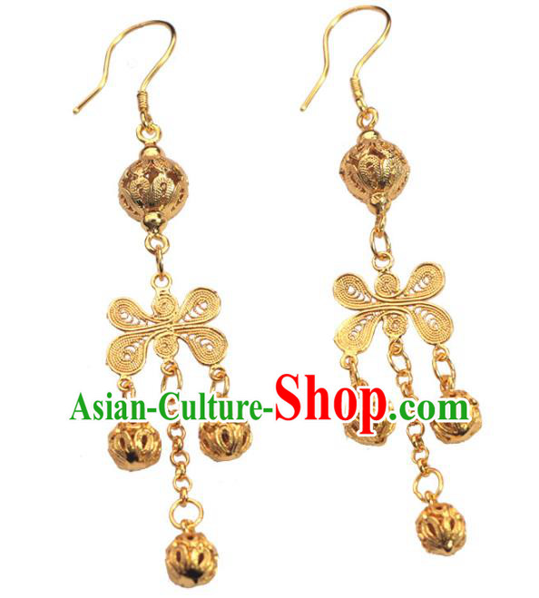 Chinese Ancient Court Tassel Ear Accessories Traditional Ming Dynasty Golden Butterfly Earrings Chinese Ancient Court Tassel Ear Accessories Traditional Ming Dynasty Golden Butterfly Earrings