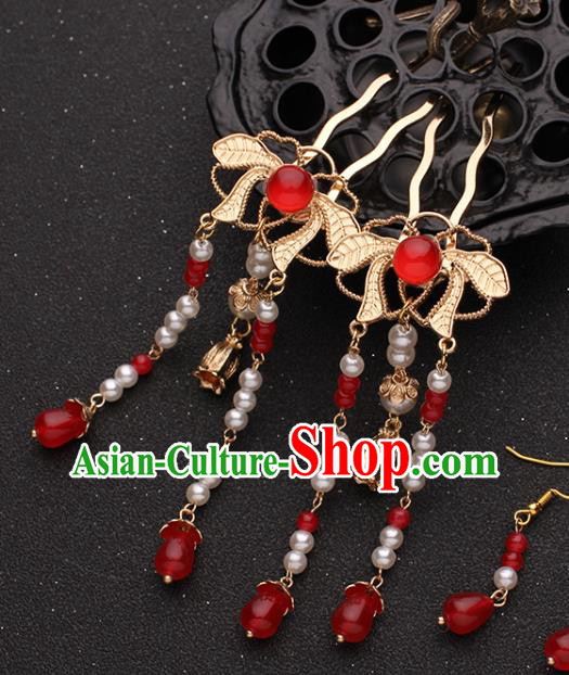 China Ancient Princess Hair Accessories Traditional Hanfu Red Beads Tassel Hairpins China Ancient Princess Hair Accessories Traditional Hanfu Red Beads Tassel Hairpins