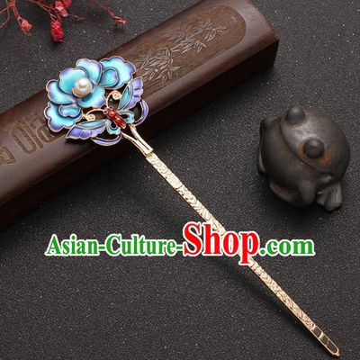 Traditional China Ancient Imperial Concubine Hairpin Ming Dynasty Blueing Peony Hair Stick