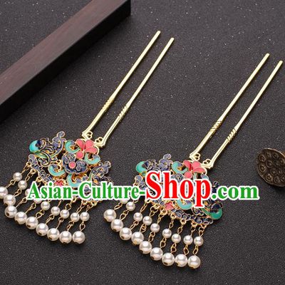 Traditional China Ancient Court Woman Hair Accessories Qing Dynasty Cloisonne Hairpins