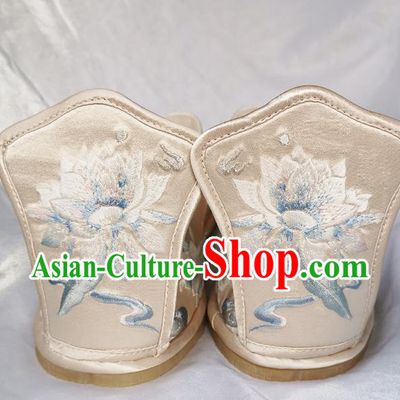 Handmade Chinese Embroidered Epiphyllum Shoes Light Golden Satin Shoes Traditional Han Dynasty Princess Shoes