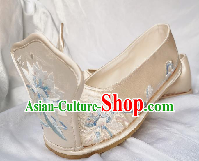 Handmade Chinese Embroidered Epiphyllum Shoes Light Golden Satin Shoes Traditional Han Dynasty Princess Shoes Handmade Chinese Embroidered Epiphyllum Shoes Light Golden Satin Shoes Traditional Han Dynasty Princess Shoes