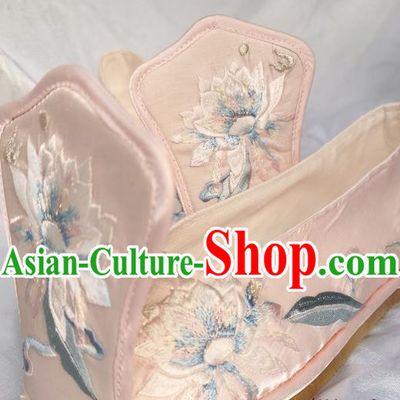 Handmade Chinese Embroidered Epiphyllum Pink Shoes Satin Shoes Traditional Han Dynasty Princess Shoes