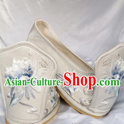 Handmade Chinese Traditional Han Dynasty Princess Shoes Embroidered Epiphyllum Shoes White Satin Shoes