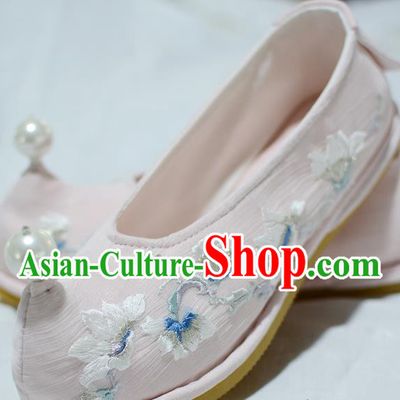 Handmade Chinese Embroidered Mangnolia Shoes Pink Satin Shoes Traditional Hanfu Princess Shoes