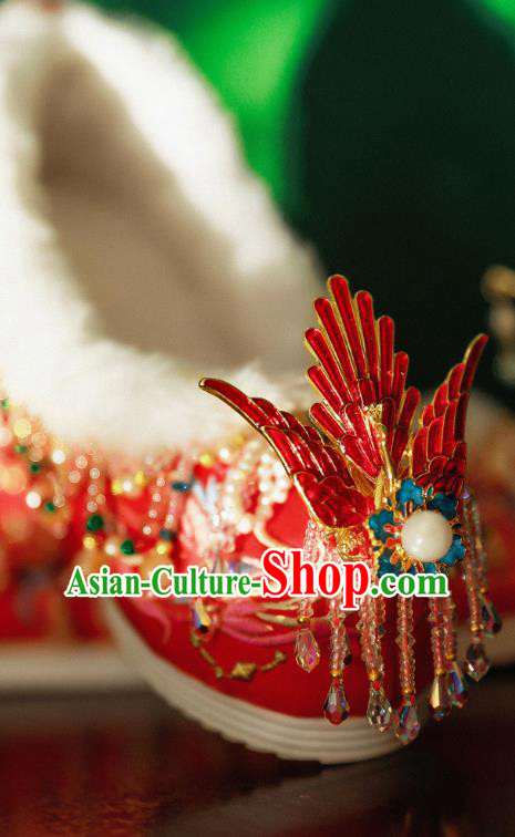 Handmade Chinese Beads Tassel Embroidered Shoes Ancient Princess Shoes Traditional Hanfu Enamel Phoenix Shoes Handmade Chinese Beads Tassel Embroidered Shoes Ancient Princess Shoes Traditional Hanfu Enamel Phoenix Shoes