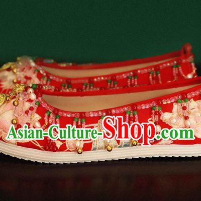 Handmade Chinese Embroidered Lotus Shoes Ancient Princess Red Shoes Traditional Hanfu Wedding Shoes
