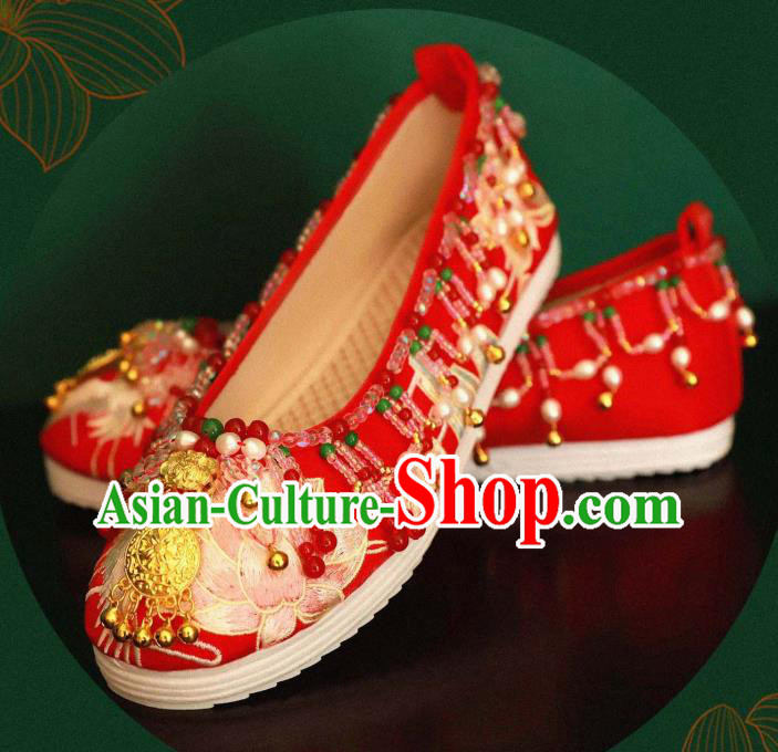 Handmade Chinese Embroidered Lotus Shoes Ancient Princess Red Shoes Traditional Hanfu Wedding Shoes Handmade Chinese Embroidered Lotus Shoes Ancient Princess Red Shoes Traditional Hanfu Wedding Shoes