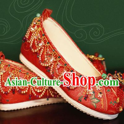 Handmade Chinese Traditional Hanfu Wedding Shoes Red Embroidered Shoes Ancient Princess Satin Shoes