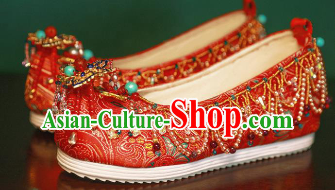 Handmade Chinese Traditional Hanfu Wedding Shoes Red Embroidered Shoes Ancient Princess Satin Shoes Handmade Chinese Traditional Hanfu Wedding Shoes Red Embroidered Shoes Ancient Princess Satin Shoes