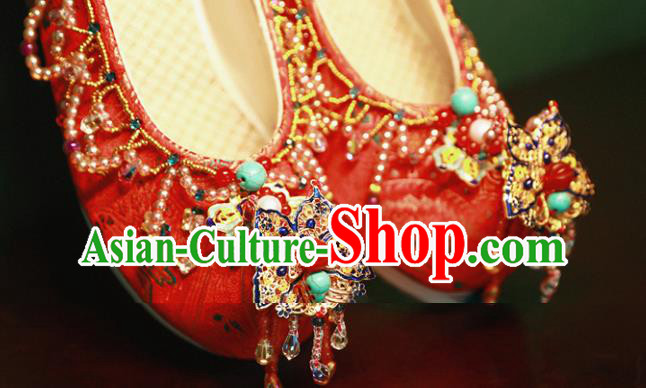 Handmade Chinese Traditional Hanfu Wedding Shoes Red Embroidered Shoes Ancient Princess Satin Shoes Handmade Chinese Traditional Hanfu Wedding Shoes Red Embroidered Shoes Ancient Princess Satin Shoes