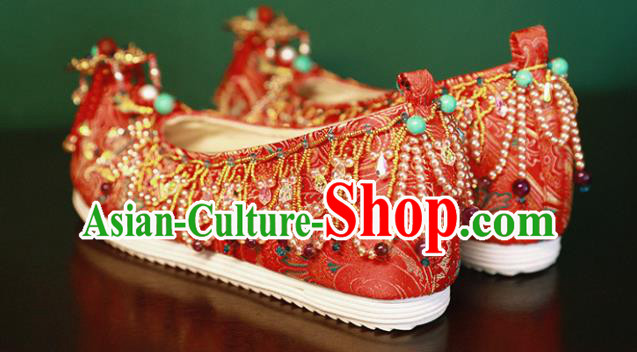 Handmade Chinese Traditional Hanfu Wedding Shoes Red Embroidered Shoes Ancient Princess Satin Shoes Handmade Chinese Traditional Hanfu Wedding Shoes Red Embroidered Shoes Ancient Princess Satin Shoes