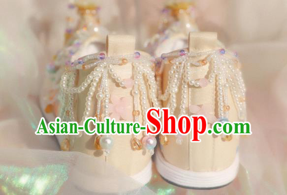 Handmade Chinese Traditional Hanfu Beads Tassel Shoes Ancient Princess Satin Shoes Beige Embroidered Shoes Handmade Chinese Traditional Hanfu Beads Tassel Shoes Ancient Princess Satin Shoes Beige Embroidered Shoes