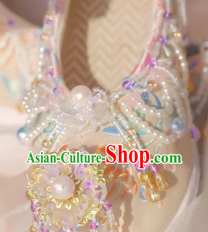 Handmade Chinese Traditional Hanfu Beads Tassel Shoes Ancient Princess Satin Shoes Beige Embroidered Shoes Handmade Chinese Traditional Hanfu Beads Tassel Shoes Ancient Princess Satin Shoes Beige Embroidered Shoes