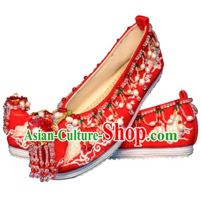 Chinese Bride Shoes Embroidered Shoes Handmade Red Shoes Traditional Red Beads Tassel Wedding Shoes