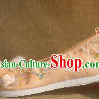 Chinese Champagne Satin Shoes Handmade Beads Tassel Shoes Traditional Embroidered Peony Shoes