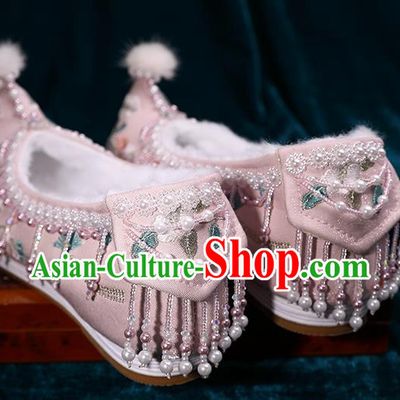 Chinese Handmade Pink Satin Shoes Hanfu Pearls Shoes Traditional Embroidered Plum Blossom Shoes