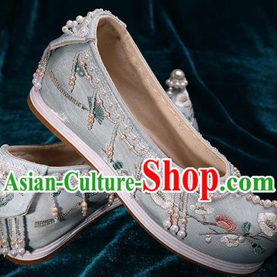 Chinese Traditional Embroidered Plum Blossom Shoes Handmade Light Blue Satin Shoes Hanfu Pearls Shoes
