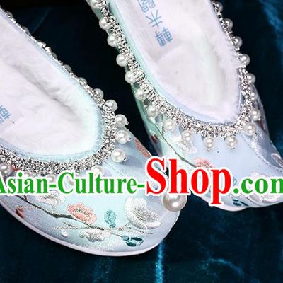 Chinese Ancient Princess Green Satin Shoes Traditional Embroidered Plum Blossom Shoes Handmade Pearls Shoes