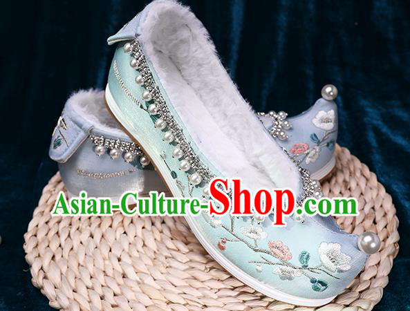 Chinese Ancient Princess Green Satin Shoes Traditional Embroidered Plum Blossom Shoes Handmade Pearls Shoes