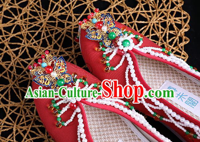 Chinese Handmade Red Cloth Shoes Ancient Princess Shoes Traditional Beads Tassel Shoes Chinese Handmade Red Cloth Shoes Ancient Princess Shoes Traditional Beads Tassel Shoes