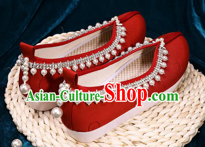 Chinese Handmade Wedding Red Cloth Shoes Ancient Princess Shoes Traditional Hanfu Pearls Shoes Chinese Handmade Wedding Red Cloth Shoes Ancient Princess Shoes Traditional Hanfu Pearls Shoes