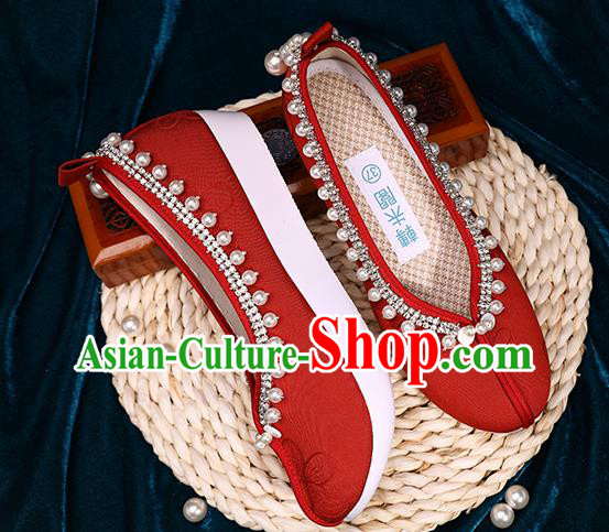 Chinese Handmade Wedding Red Cloth Shoes Ancient Princess Shoes Traditional Hanfu Pearls Shoes Chinese Handmade Wedding Red Cloth Shoes Ancient Princess Shoes Traditional Hanfu Pearls Shoes