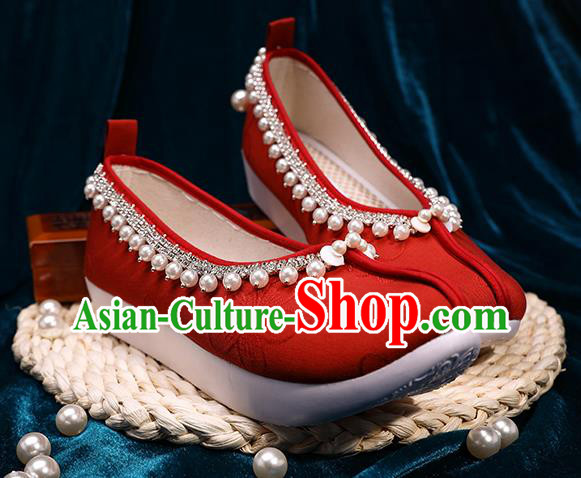 Chinese Handmade Wedding Red Cloth Shoes Ancient Princess Shoes Traditional Hanfu Pearls Shoes Chinese Handmade Wedding Red Cloth Shoes Ancient Princess Shoes Traditional Hanfu Pearls Shoes