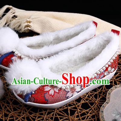 Chinese Ancient Princess Shoes Traditional Hanfu Embroidered Shoes Handmade Wedding Red Brocade Shoes