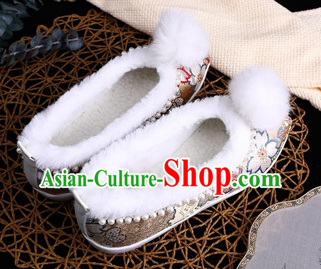 Chinese Traditional Hanfu Winter Shoes Ancient Princess Shoes Handmade Golden Brocade Shoes Chinese Traditional Hanfu Winter Shoes Ancient Princess Shoes Handmade Golden Brocade Shoes