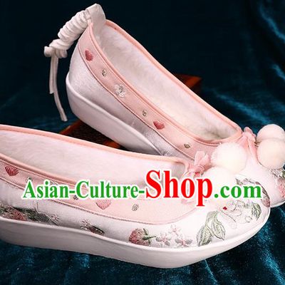 Chinese Handmade Embroidered Pink Brocade Shoes Ancient Tang Dynasty Shoes Traditional Hanfu Winter Shoes