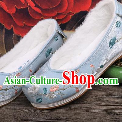 Chinese Ancient Princess Shoes Handmade Embroidered Plum Blossom Blue Shoes Traditional Hanfu Winter Shoes