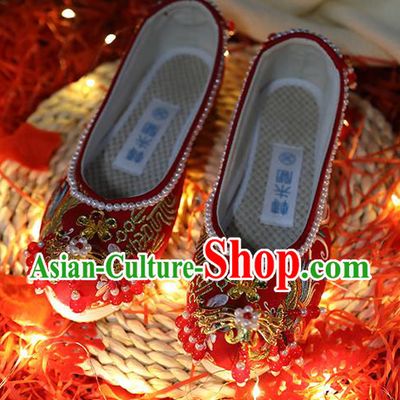 Chinese Embroidered Red Shoes Traditional Hanfu Pearls Shoes Ancient Bride Wedding Shoes
