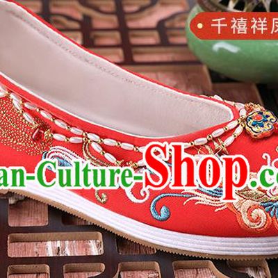 Chinese Traditional Hanfu Red Shoes Ancient Bride Wedding Pearls Shoes Embroidered Phoenix Shoes