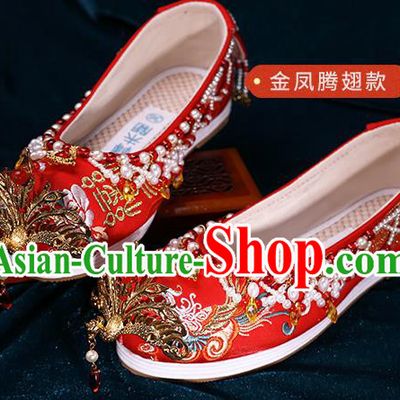 Chinese Traditional Hanfu Golden Phoenix Shoes Ancient Bride Wedding Shoes Red Embroidered Shoes