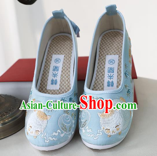 Chinese Ancient Princess Shoes Embroidered Blue Shoes Traditional Ming Dynasty Shoes