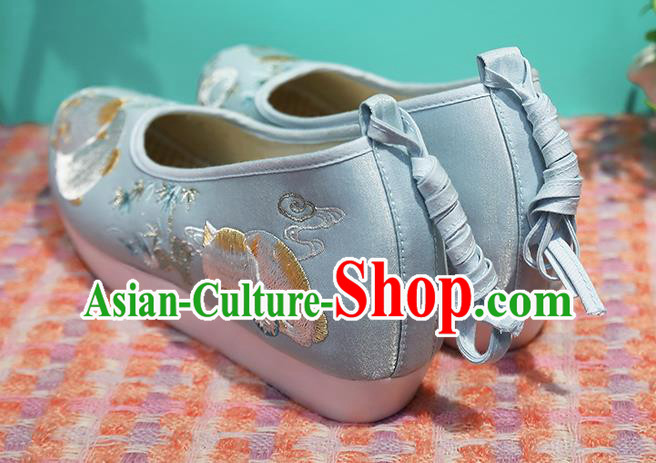 Chinese Ancient Princess Shoes Embroidered Blue Shoes Traditional Ming Dynasty Shoes